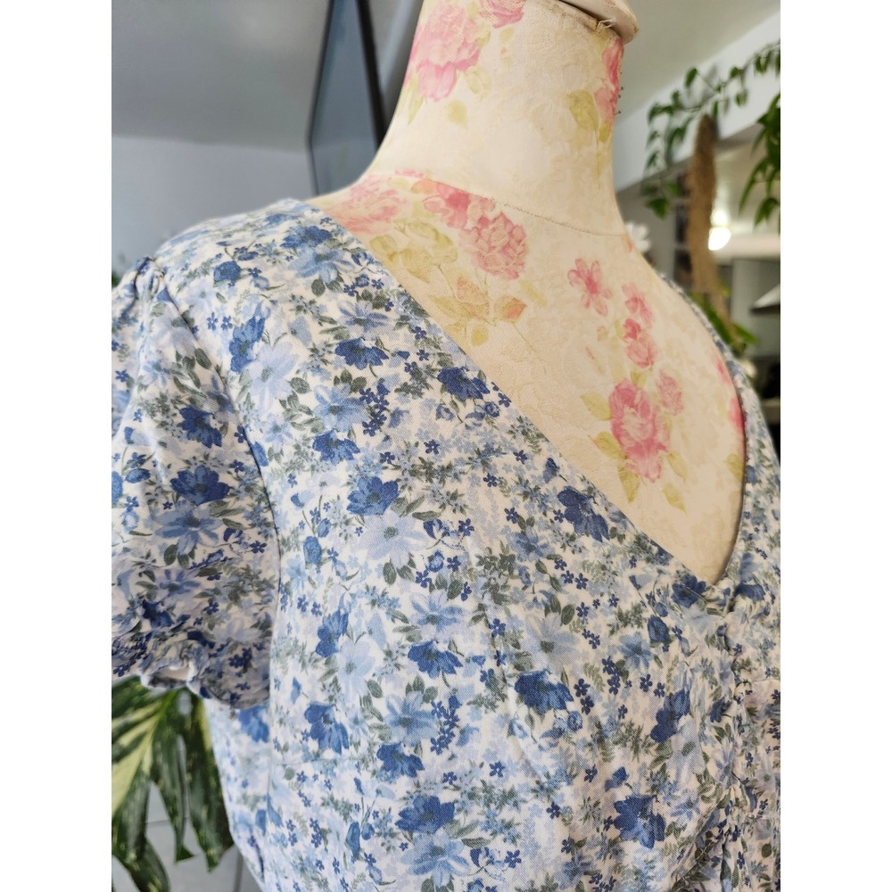 Hollister Blue Floral Babydoll Top Women's Large Cottagecore Puff Sleeve Peplum - Picture 6 of 12